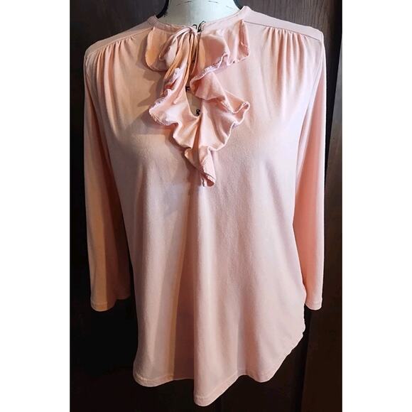 Chaps Denim Pink Ruffle Cotton Blend 3/4 Sleeves Keyhole Neck Line Blouse SZ PL - Picture 1 of 5
